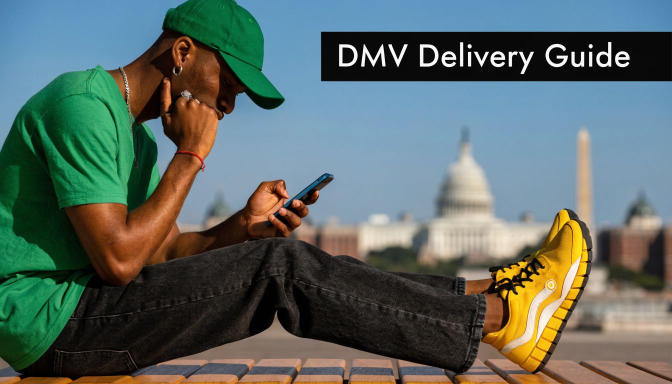 A person in a green cap and shirt checking a smartphone with the US Capitol in the background.