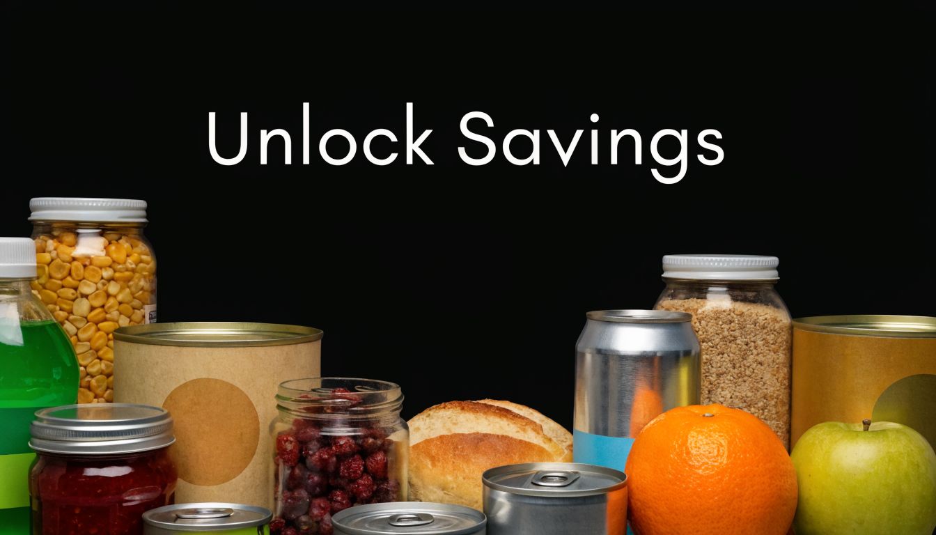 An assortment of pantry staples including canned goods, jars of food, bread, an orange, and an apple.