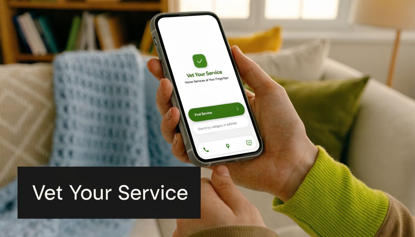 A person holds a smartphone displaying the Vet Your Service home services application on its screen.