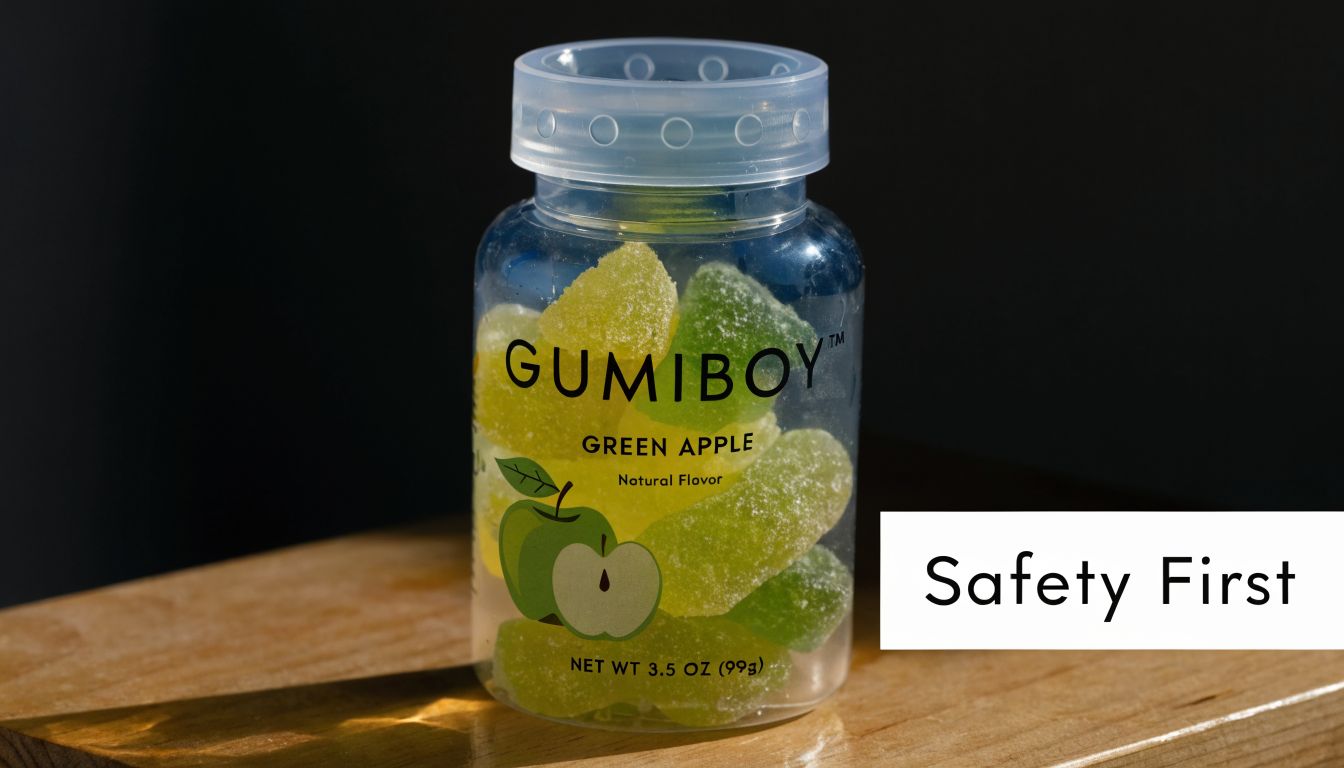 A clear plastic jar labeled Gumiboy containing green apple flavored gummy candies on a wooden table.