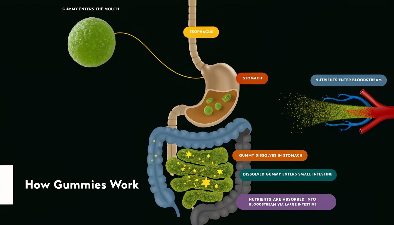 A diagram illustrating the digestive process of a gummy supplement, from ingestion to bloodstream absorption.