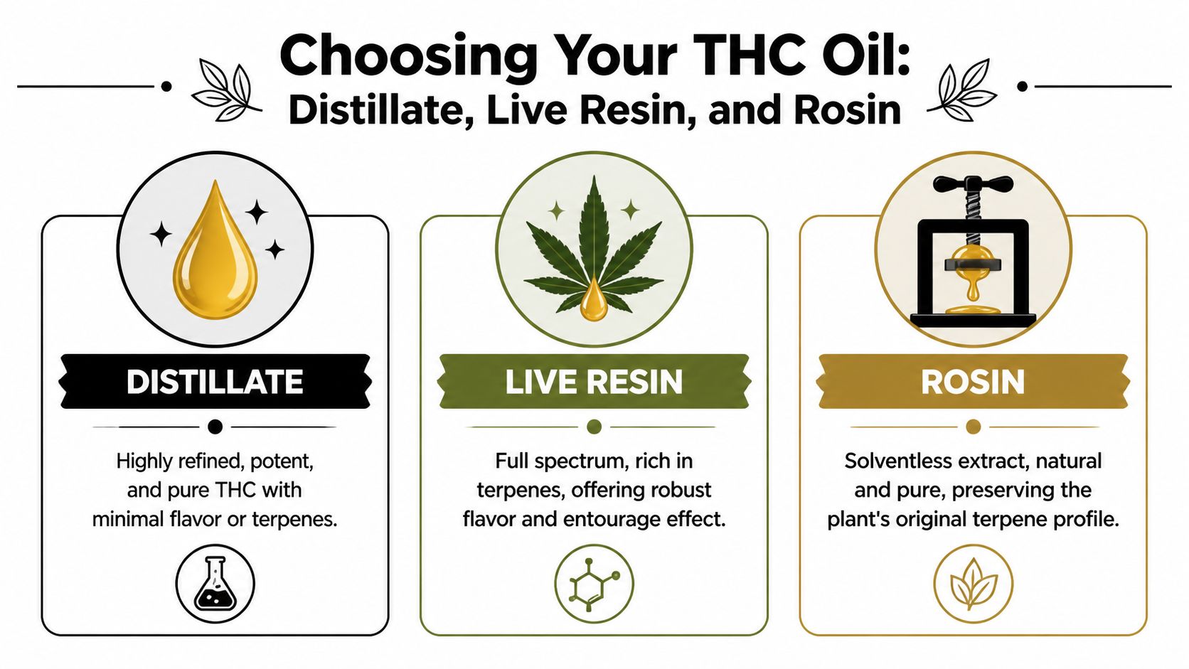 An infographic comparing three types of THC oil: distillate, live resin, and rosin with their key characteristics.