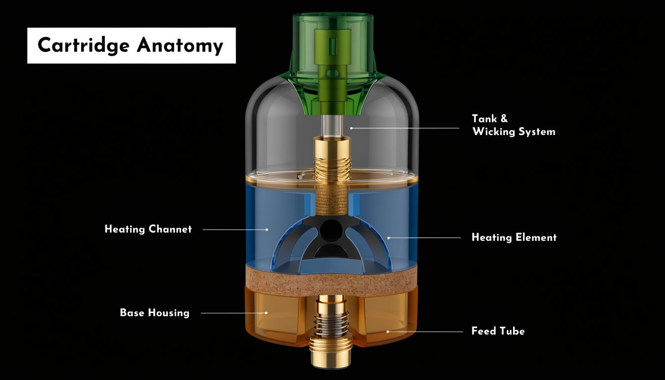 A 3D cross-section diagram showing the internal anatomy of a vape cartridge with labeled components.