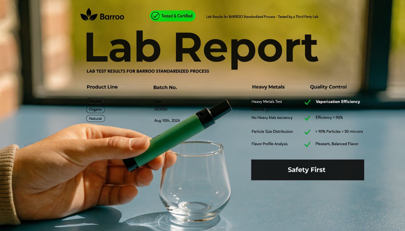A hand holding a green vaporizing pen above a clear glass, presented with a digital laboratory test report.