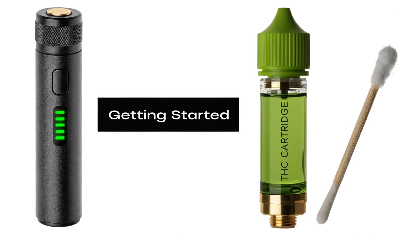 A black vape battery, a green THC cartridge, and a cotton swab arranged for assembly.