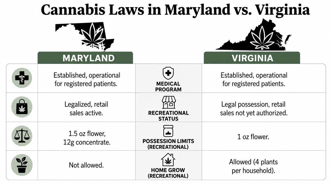 A comparison chart outlining cannabis laws in Maryland and Virginia regarding medical programs, retail sales, and cultivation.