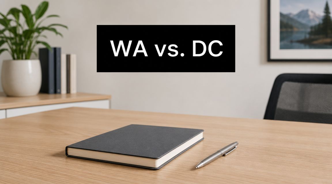 A minimalist office desk featuring a notebook, a metallic pen, and a black sign saying WA vs. DC.