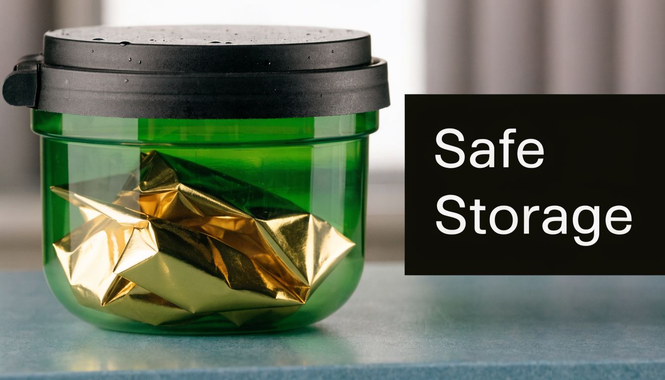 A small green plastic container with a black lid holding gold foil on a flat surface.