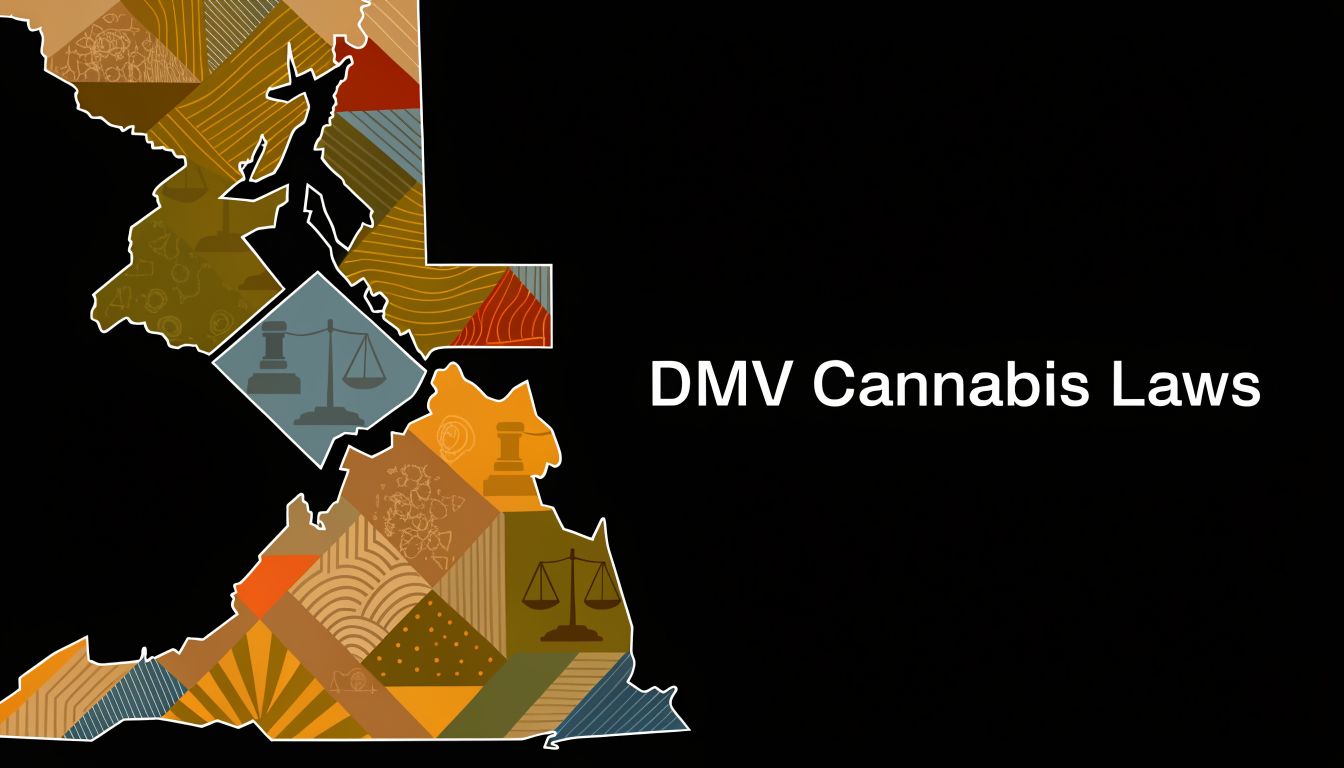 A graphic illustration of DMV states with legal symbols and the text DMV Cannabis Laws displayed.