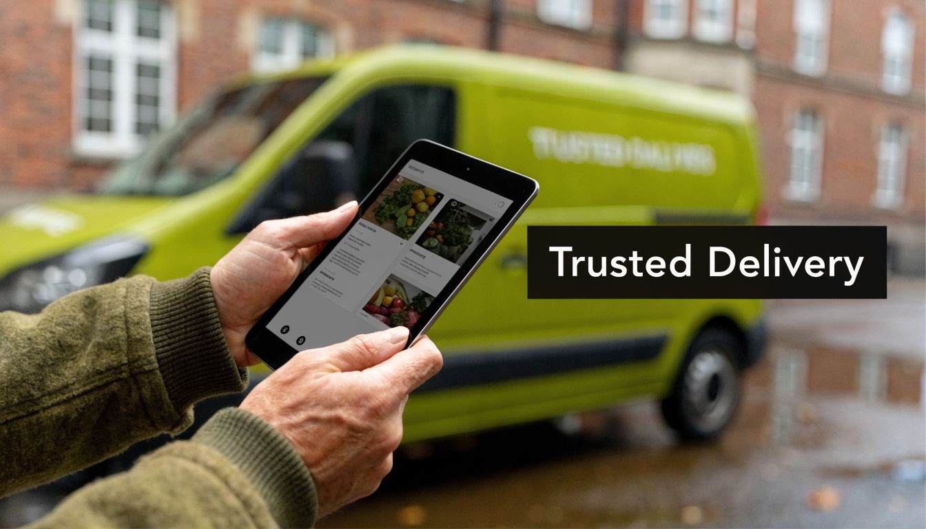 A person holding a tablet showing food delivery options with a green delivery van in the background.