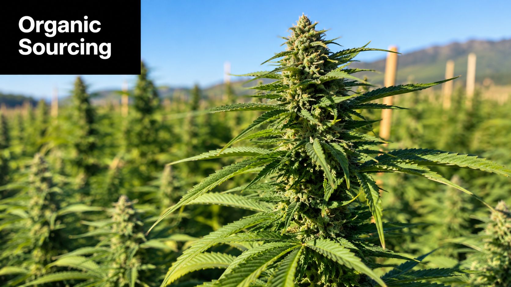 A lush cannabis field under a clear blue sky, emphasizing organic cultivation and sustainable farming practices.