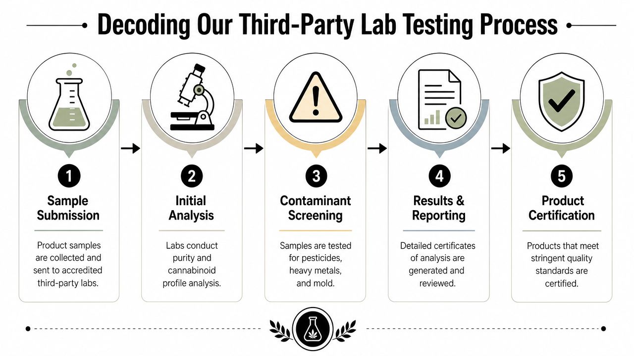 A five-step infographic explaining the third-party lab testing process for product safety and quality assurance.