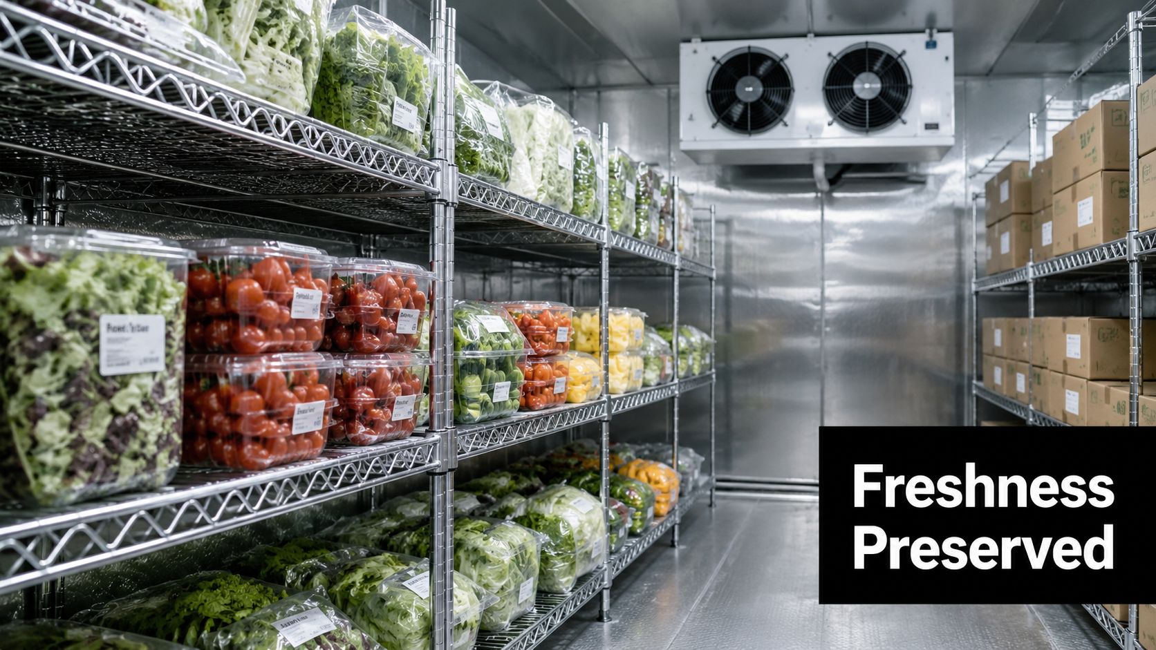 A walk-in commercial refrigerator filled with fresh vegetables, salad greens, and tomatoes on industrial metal shelving units.