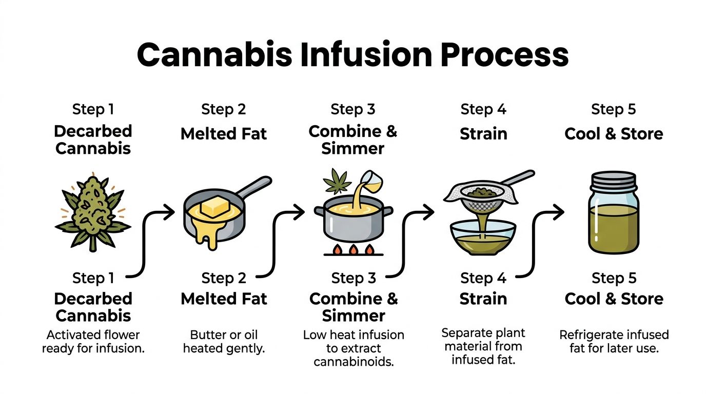 An infographic illustrating the five-step process for infusing fats with decarbed cannabis for cooking edibles.