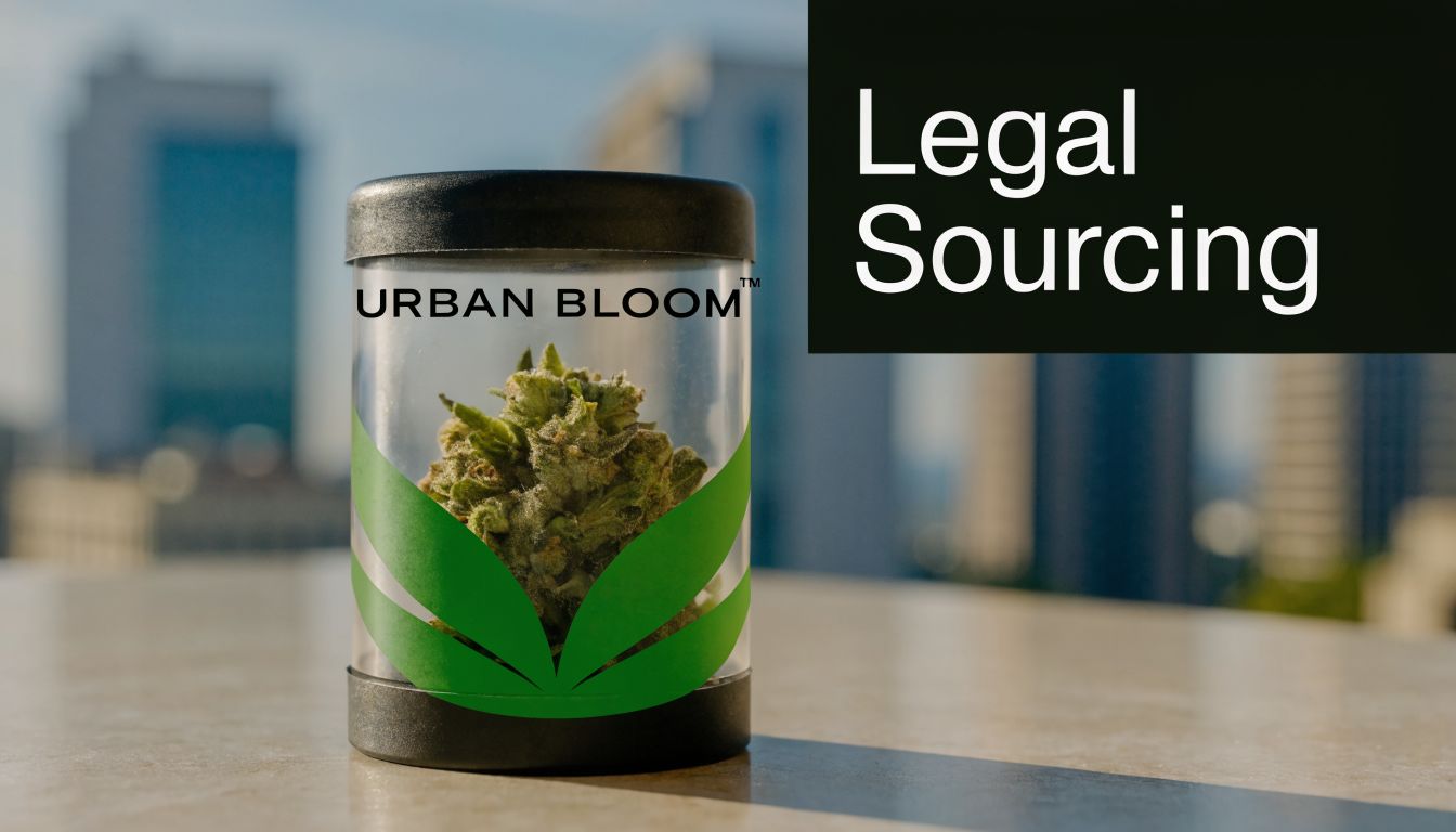 A clear jar containing a cannabis flower bud with an Urban Bloom logo against a blurred city.