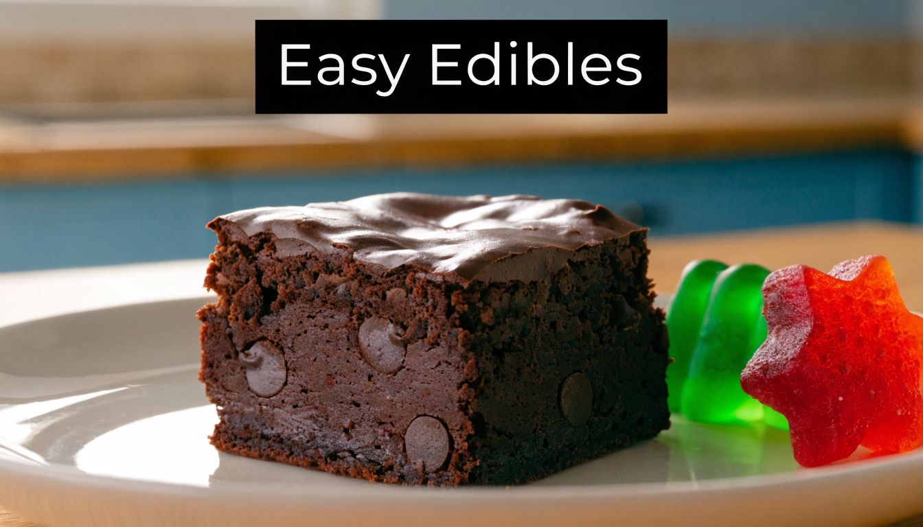 A square chocolate brownie with chocolate chips sitting on a white plate next to gummy candies.