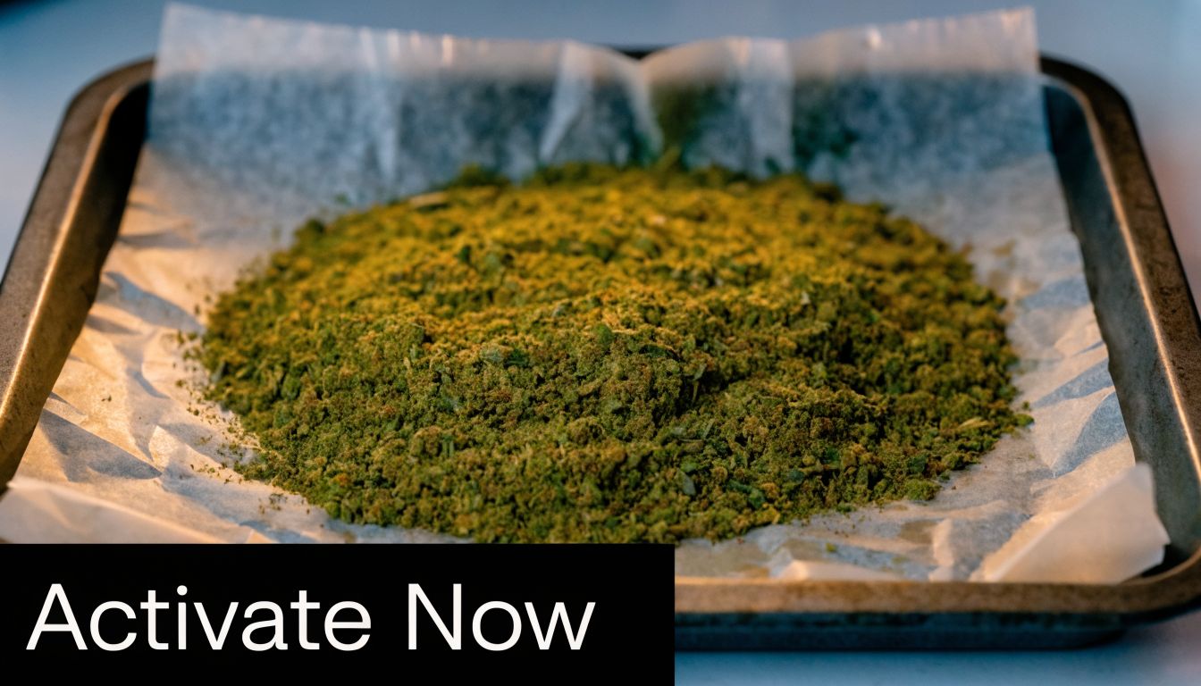 A pile of ground cannabis plant material spread evenly on parchment paper inside a baking tray.
