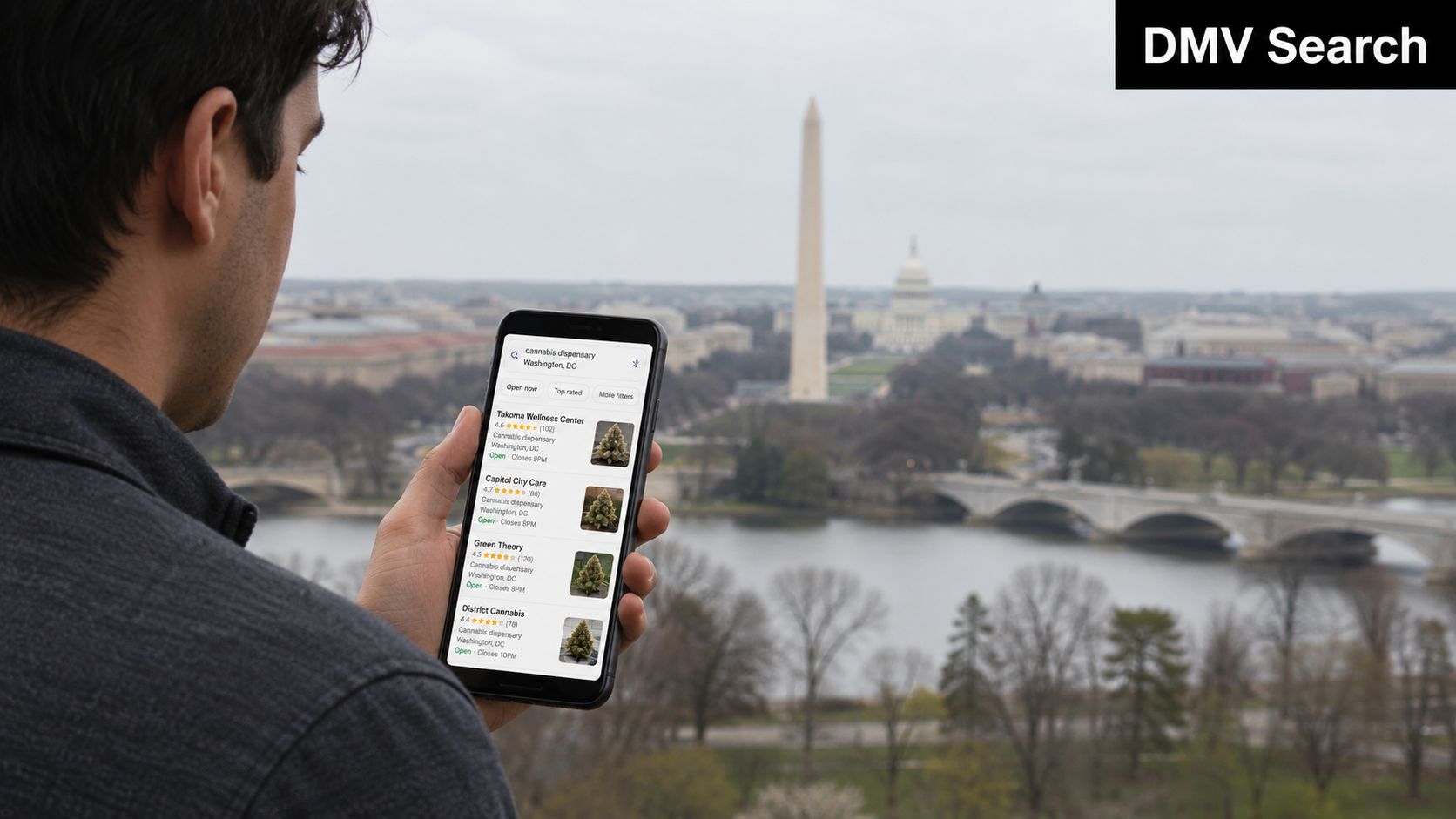 A person looks at a smartphone displaying a list of local cannabis dispensaries in Washington, DC.
