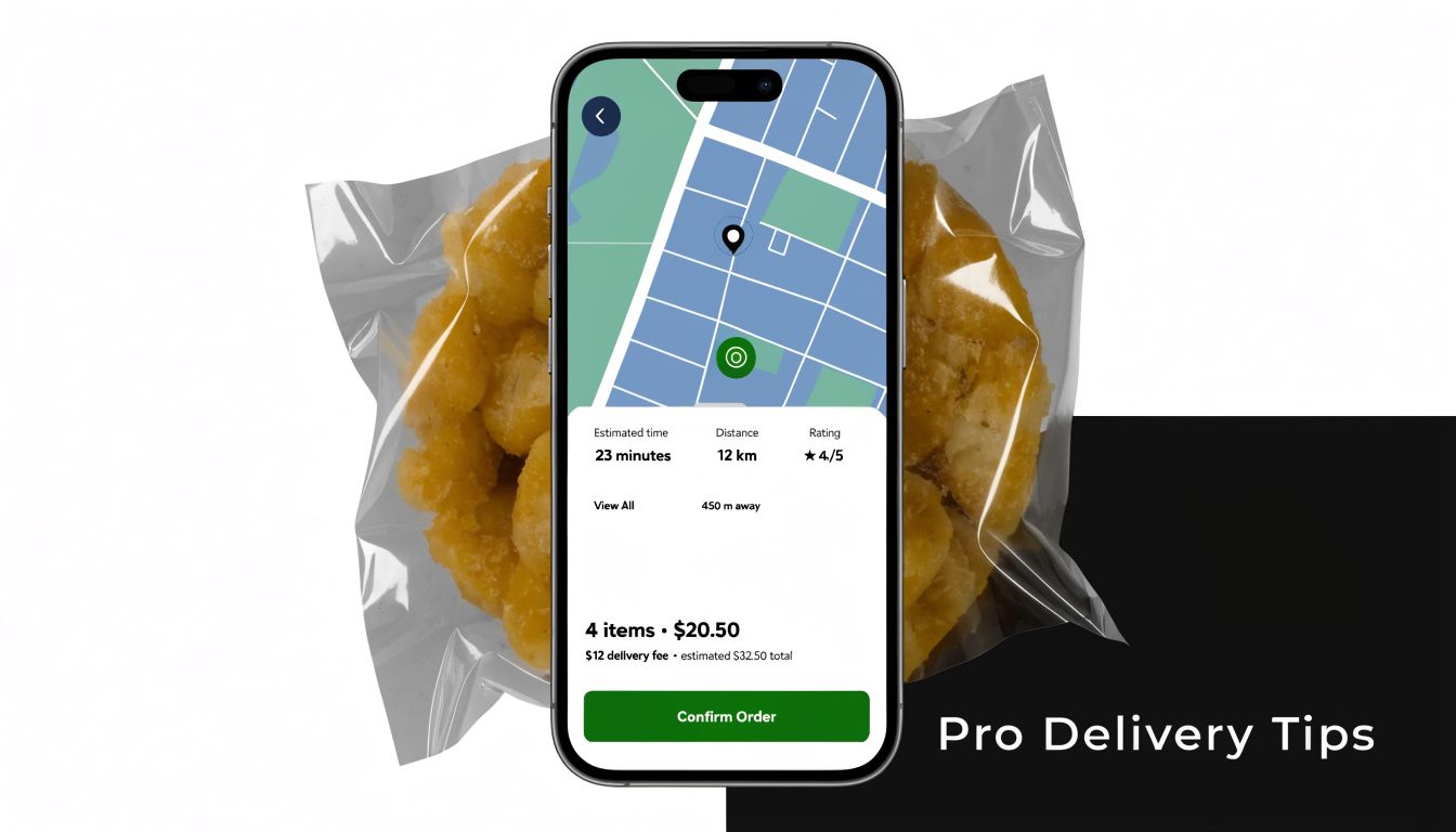 A smartphone screen displaying a food delivery order interface featuring a map and order summary details.