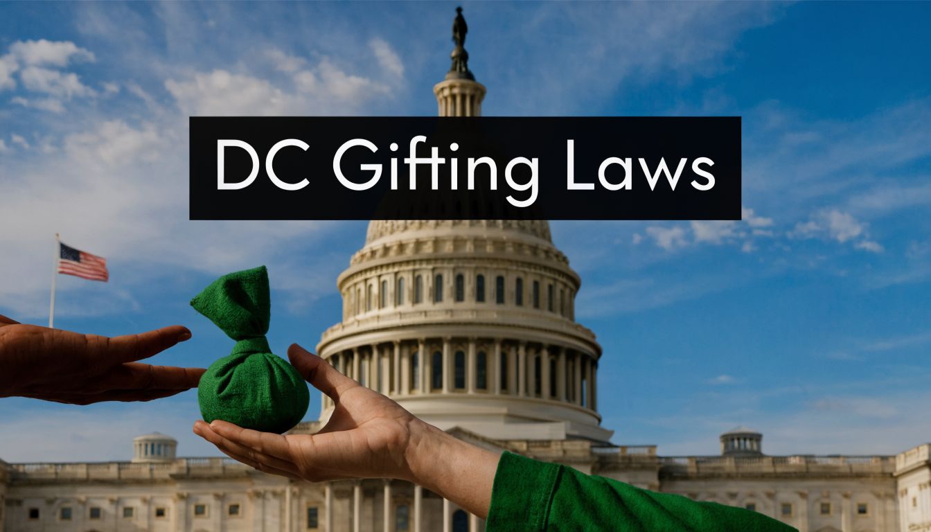 A hand passing a small green pouch in front of the United States Capitol building.