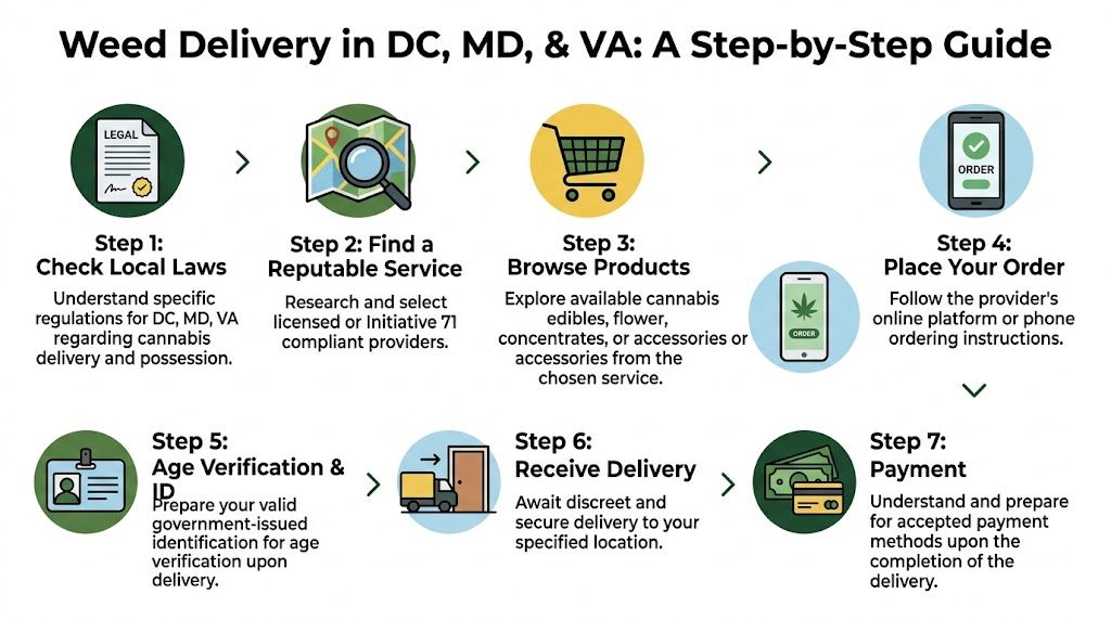 A step-by-step infographic guide explaining how to order weed delivery in DC, Maryland, and Virginia.