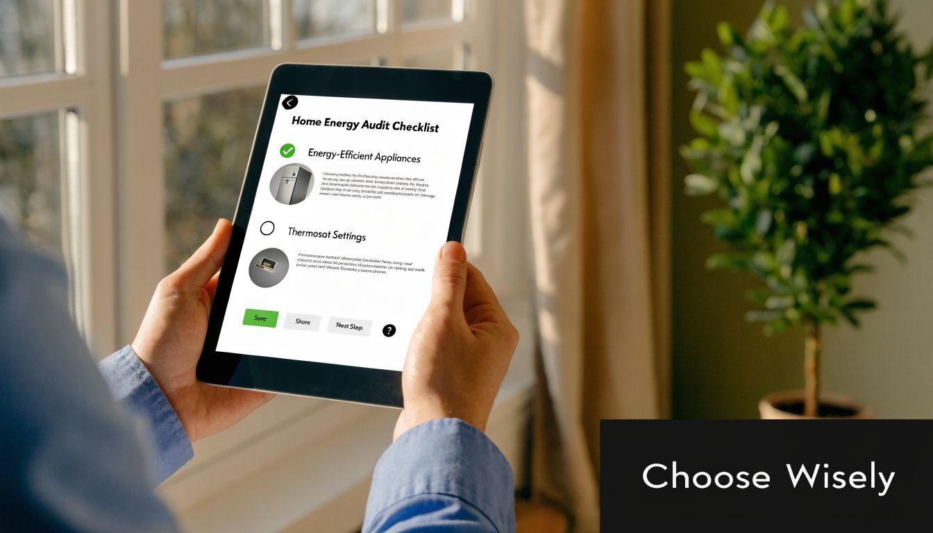 A person holds a tablet displaying a Home Energy Audit checklist with appliance and thermostat settings.