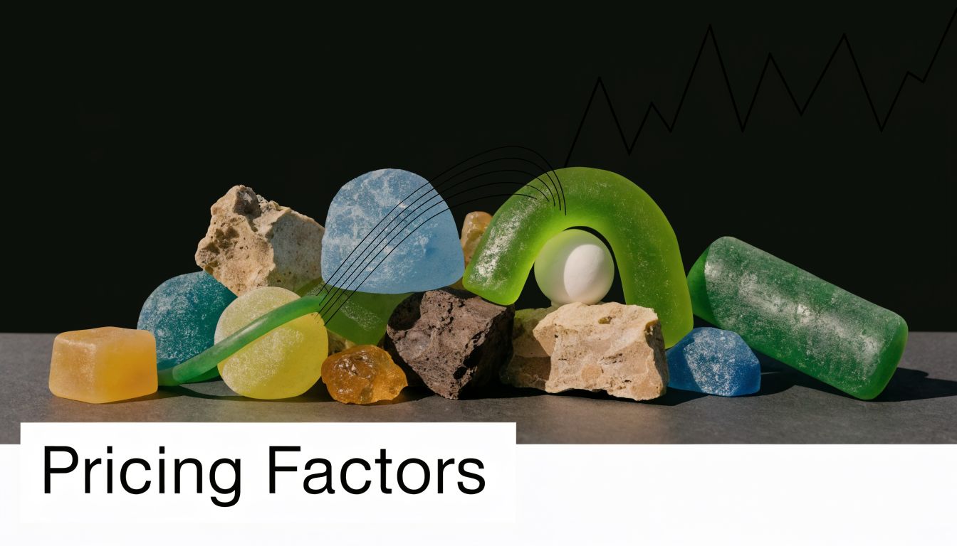 A conceptual abstract image featuring colorful smooth glass shapes, rocks, and a line graph against black.