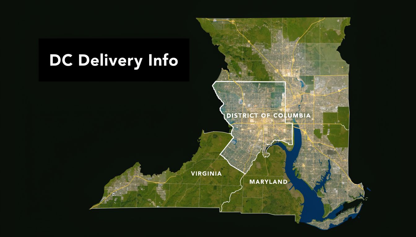 A satellite map view showing the borders of Washington DC, Maryland, and Virginia for delivery services.