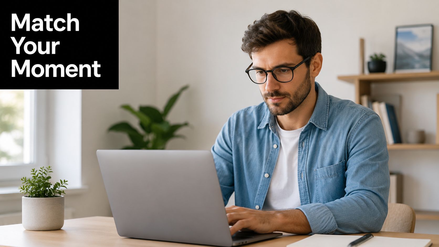 A focused man wearing glasses works diligently on his laptop at a tidy wooden desk.