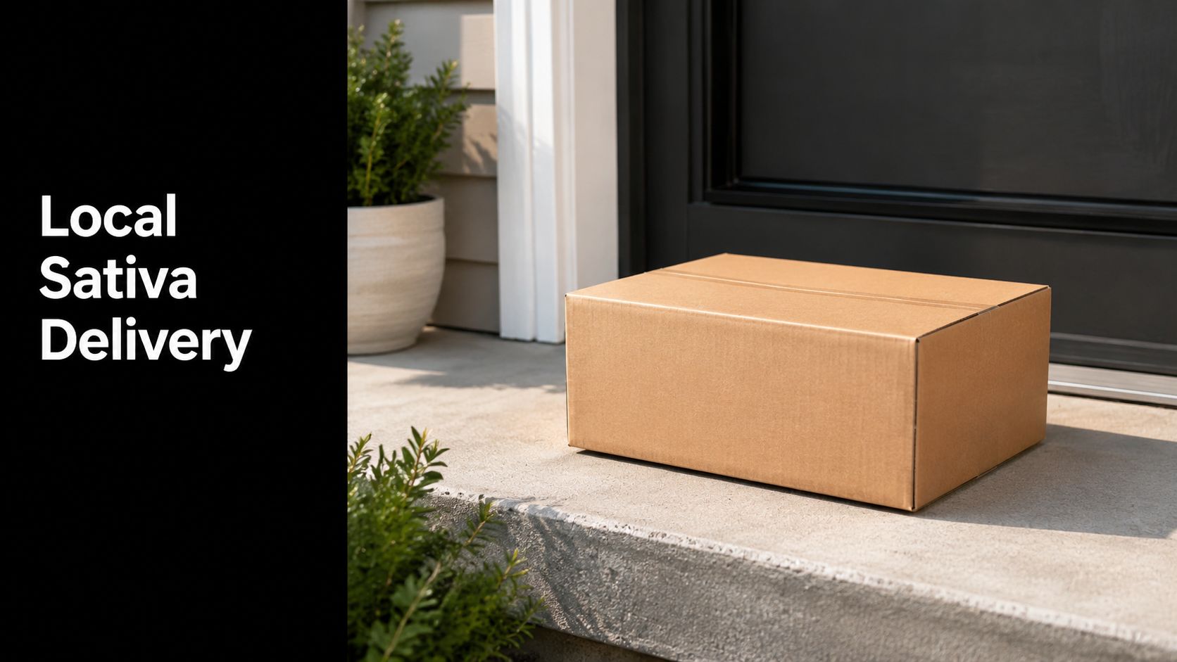 A brown cardboard delivery package sitting on a front porch step next to a potted plant.