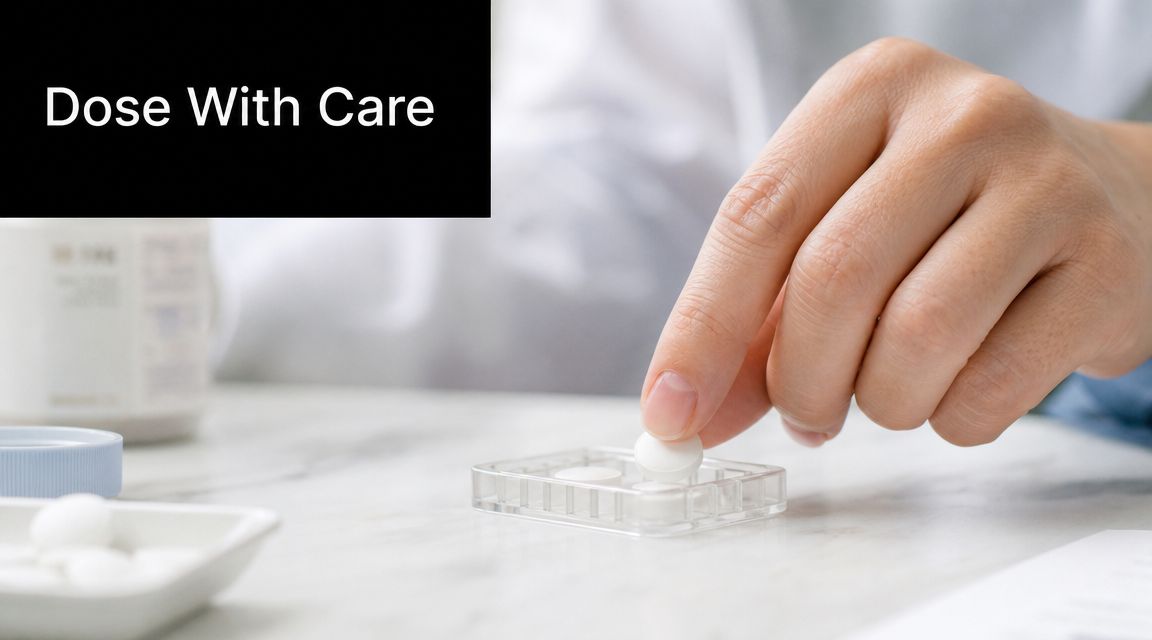 A hand placing a white pill into a transparent pill organizer on a marble surface.