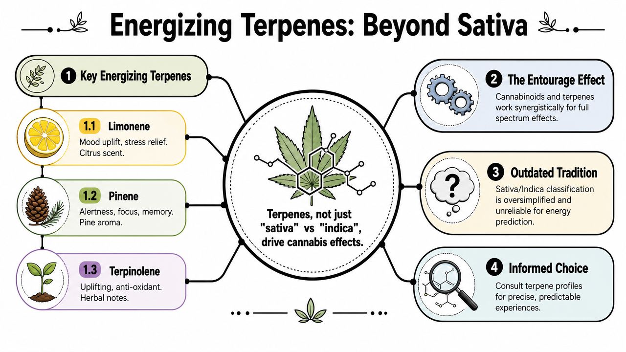 An infographic titled Energizing Terpenes Beyond Sativa explaining how terpenes drive cannabis effects instead of classifications.