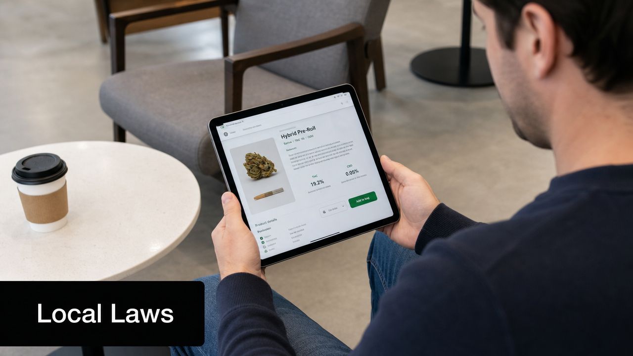 A man holds a tablet displaying information about cannabis hybrid pre-rolls in a bright office lounge.