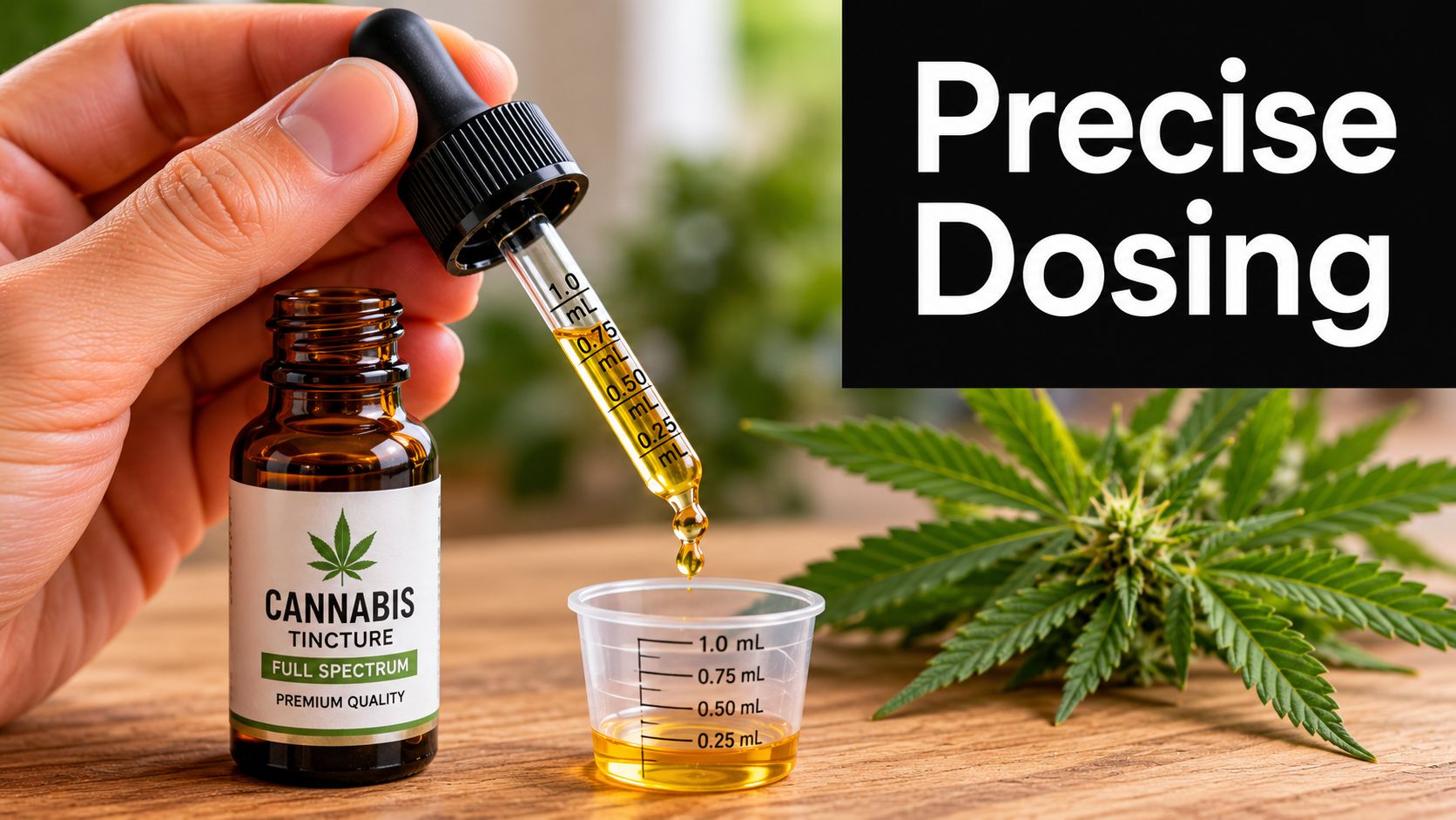 A hand holds a glass dropper dispensing cannabis tincture into a measuring cup, showcasing precise dosing.