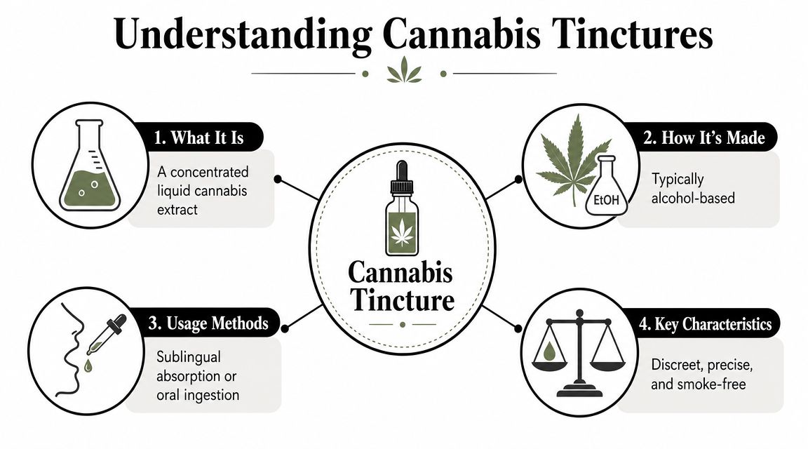 An infographic titled Understanding Cannabis Tinctures, detailing what it is, how it's made, usage methods, and characteristics.