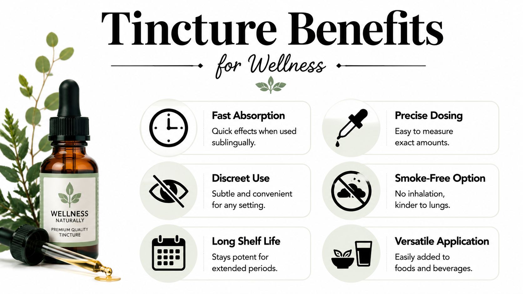 An infographic detailing the benefits of wellness tinctures including fast absorption, precise dosing, and versatile application.