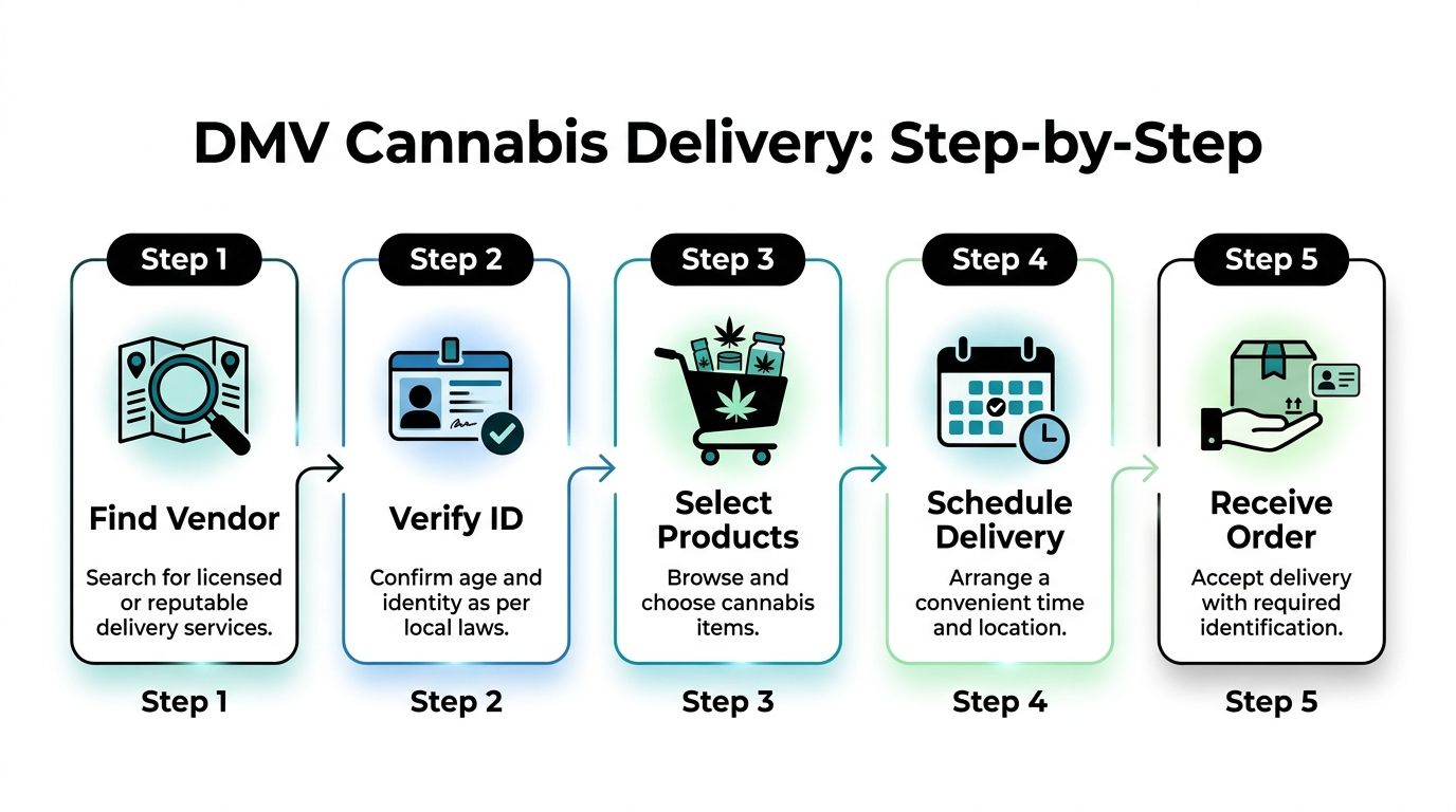 A step-by-step infographic illustrating the process of ordering cannabis delivery services in the DMV region.