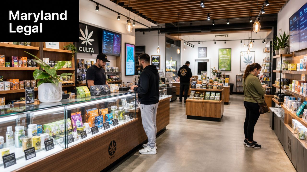 A brightly lit, modern cannabis dispensary in Maryland with staff assisting customers at the service counter.
