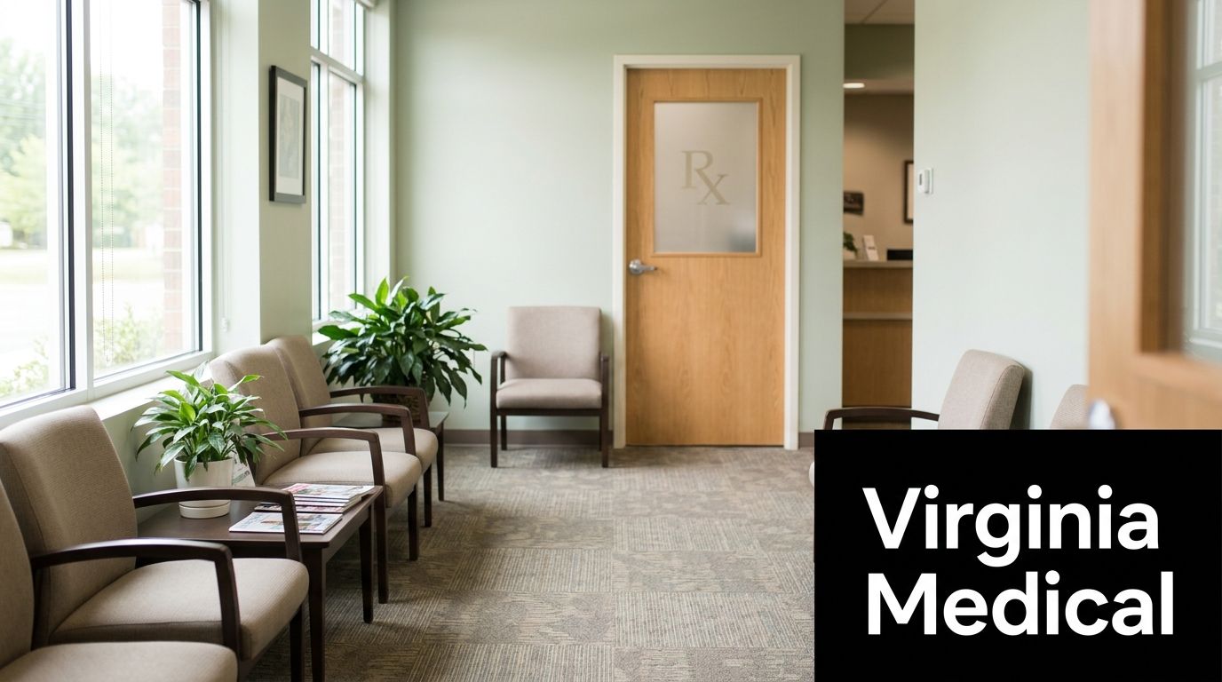 A quiet and clean medical clinic waiting room with chairs, a houseplant, and a prescription sign on the door.