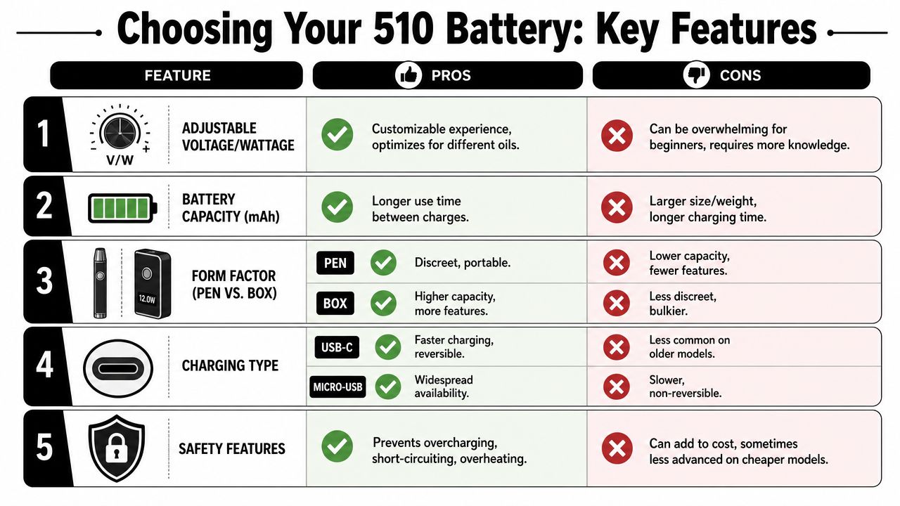 A comparison chart outlining key features, pros, and cons when choosing a 510 thread vape battery.