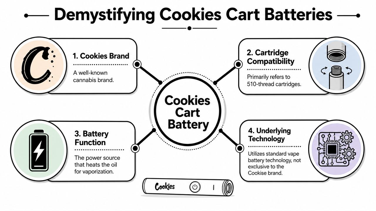 An infographic titled Demystifying Cookies Cart Batteries explaining branding, compatibility, function, and underlying technology of vape batteries.