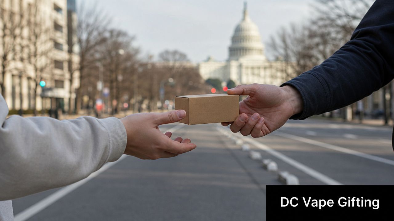 A person handing a small brown package to another individual on a street near the US Capitol.