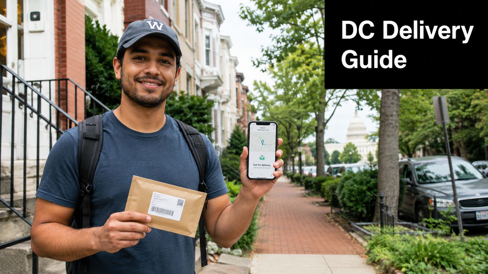 A smiling delivery worker holding a package and a smartphone with a tracking app in Washington DC.
