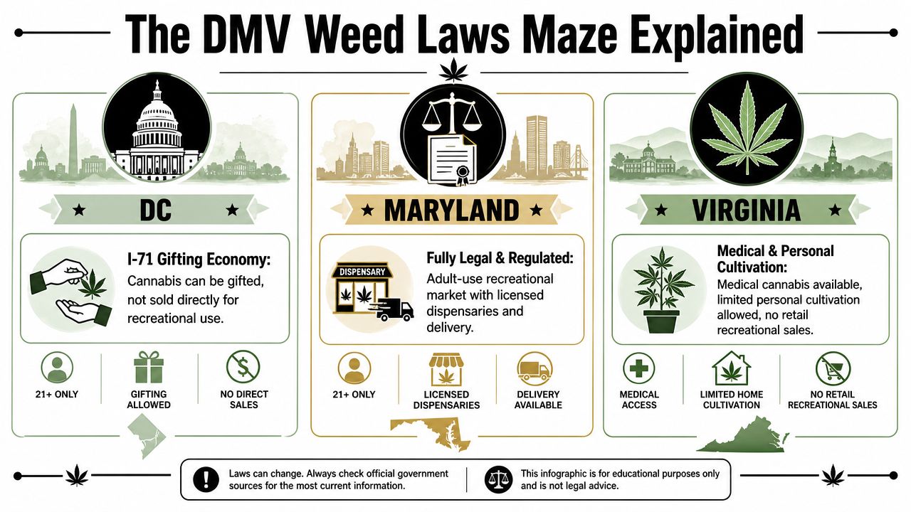 An infographic summarizing legal recreational and medical cannabis regulations for Washington DC, Maryland, and Virginia.