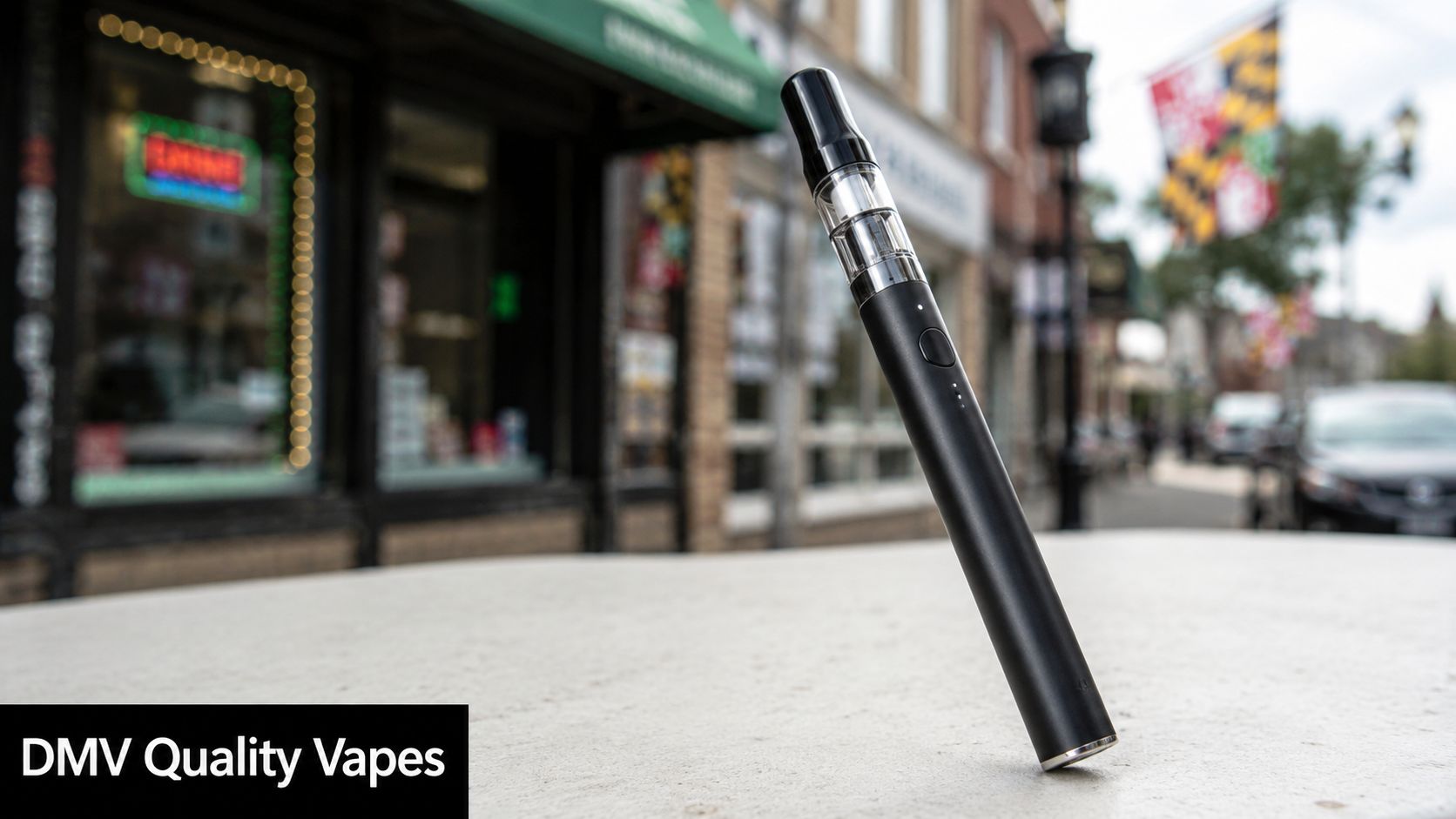 A black Eureka vapor pen standing upright on a stone surface with a blurred street background.