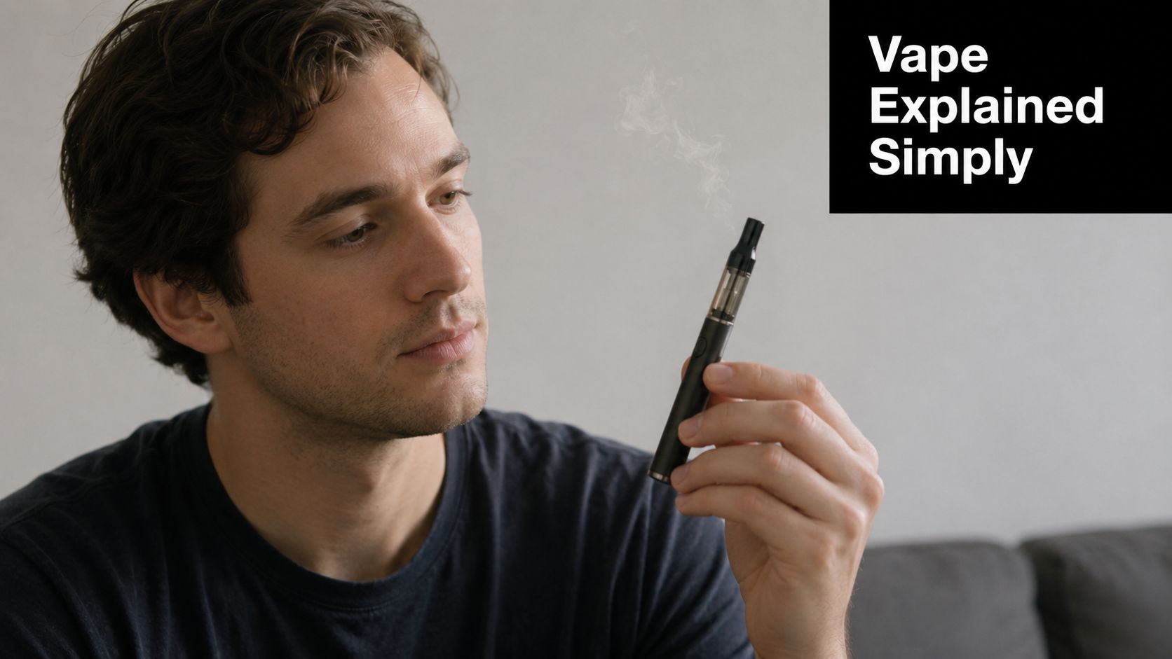 A young man looking intently at a slim black electronic vape pen held in his hand.