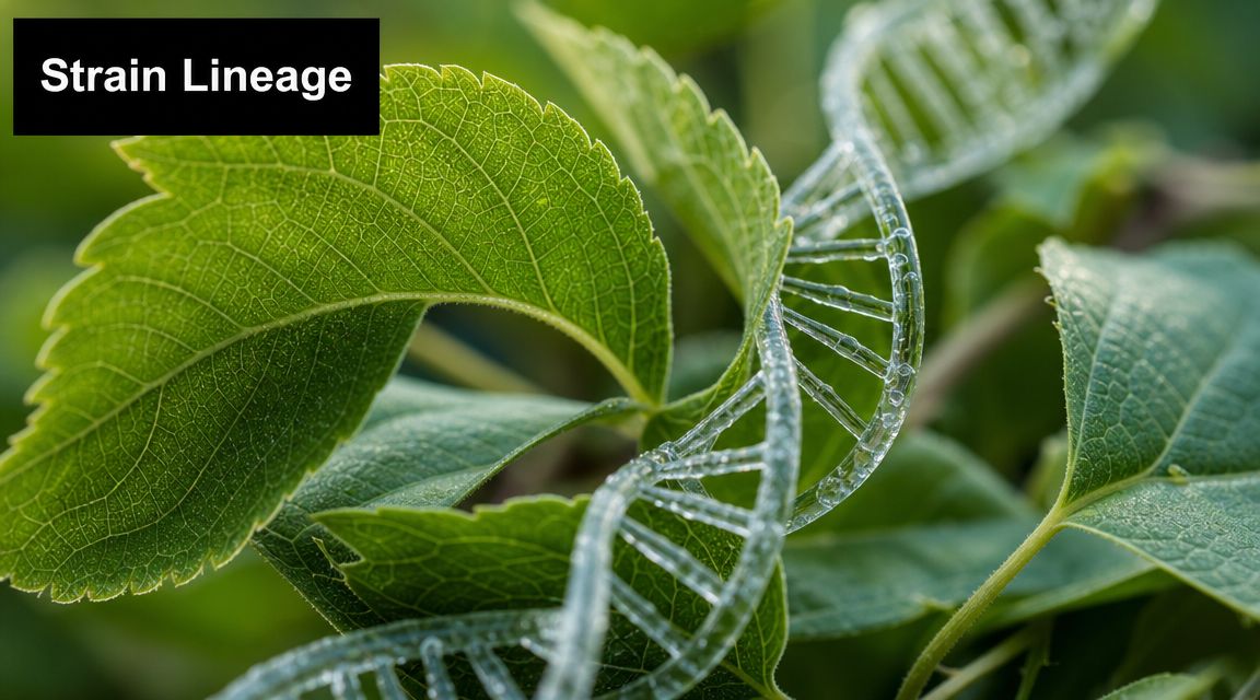 A glass DNA double helix model woven through lush green leaves, representing biological strain lineage concepts.