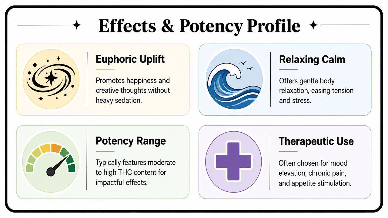 An infographic titled Effects and Potency Profile displaying icons for euphoria, relaxation, potency levels, and therapeutic use.