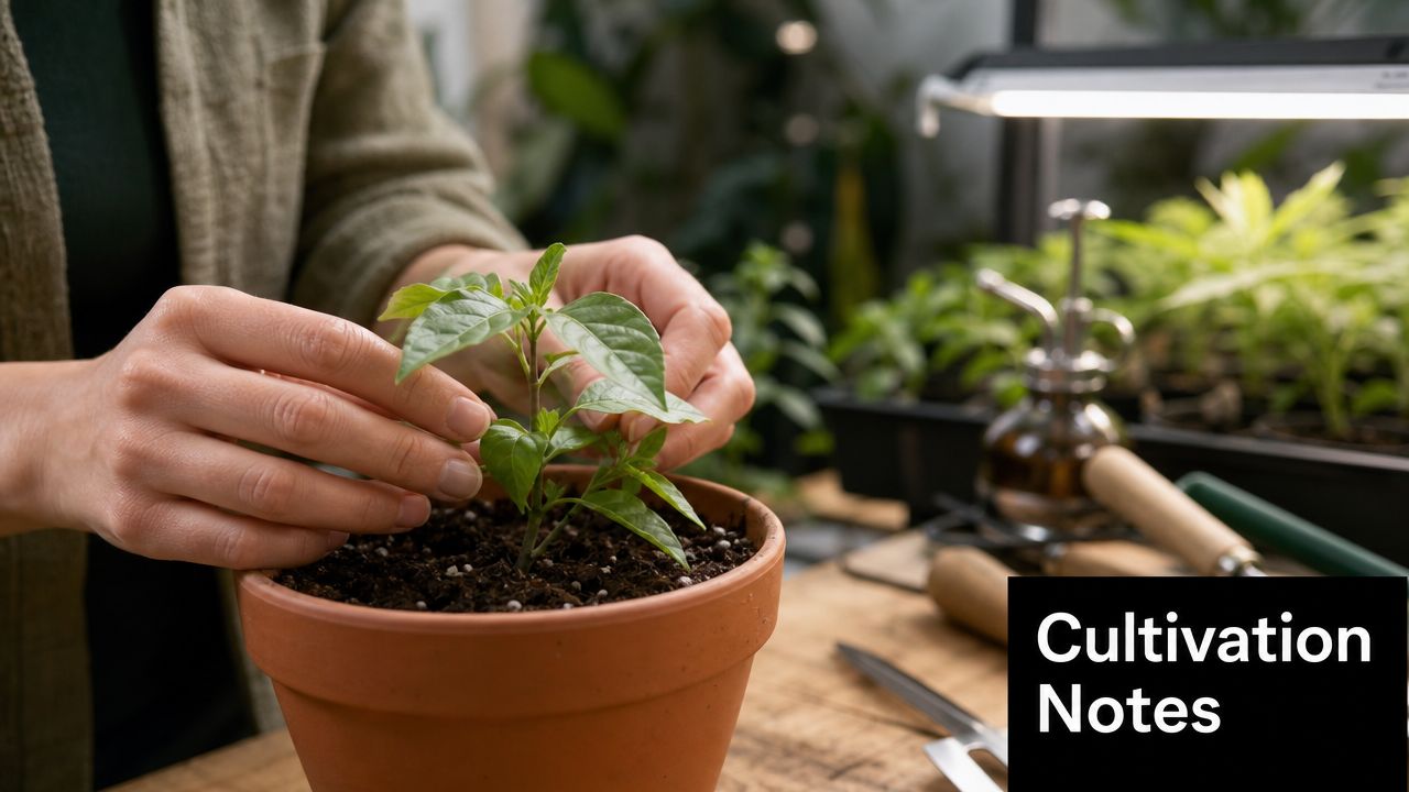 A person tending to a young green seedling in a terracotta pot in a home garden setup.