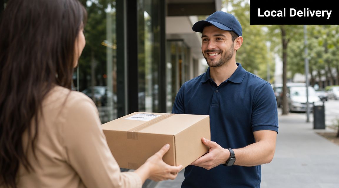 A friendly delivery worker in a blue uniform handing a cardboard package to a female customer outdoors.